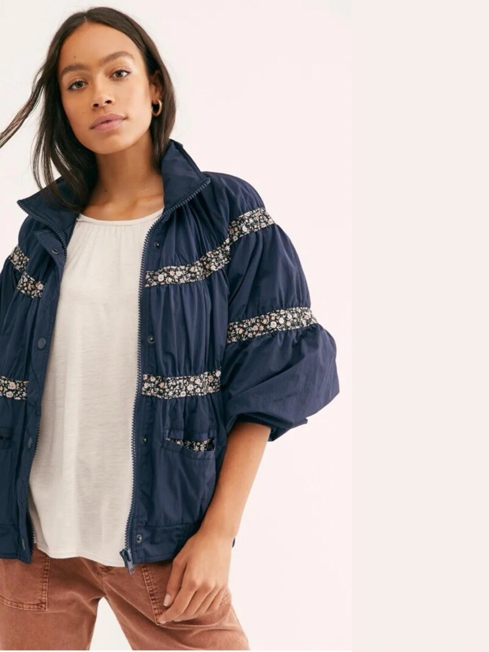 We The Free Navy Bomber Jacket with Floral Trim